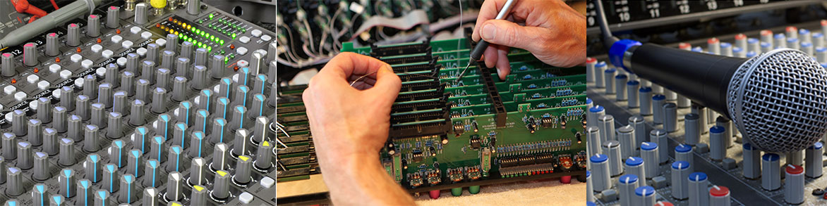 Closeup of sound mixing board under repair,  Closeup of circuit boards being repaired in a mixing console, close up of a microphone on a mixing board.